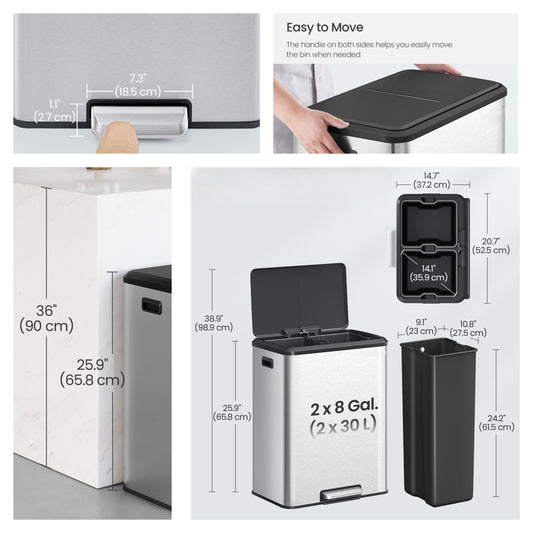 2 x 8 Gal Dual Compartment Step Trash Can, Soft-Close Lid, Inner Buckets, Waste Recycling Bin, Stainless Steel,Metallic Silver
