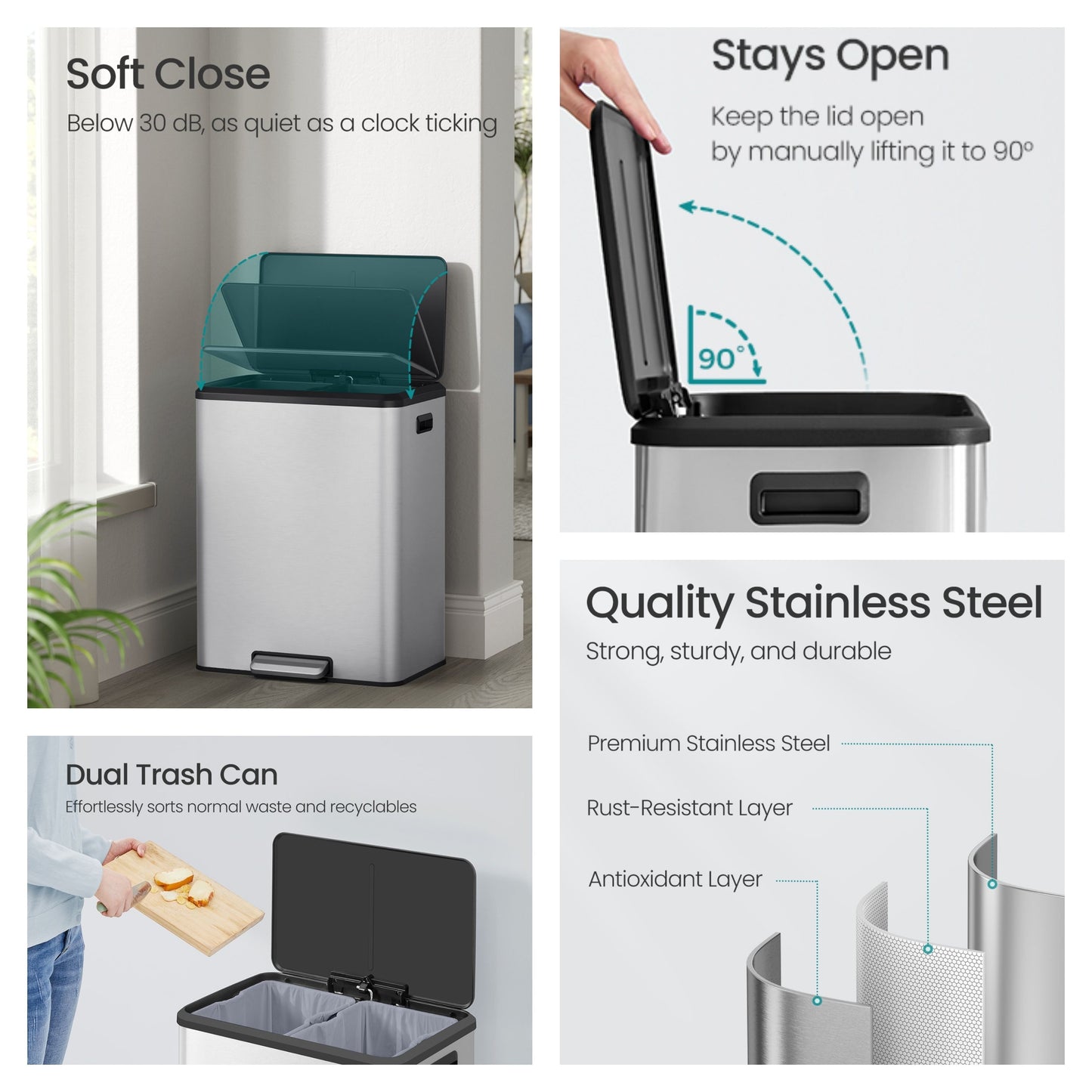 2 x 8 Gal Dual Compartment Step Trash Can, Soft-Close Lid, Inner Buckets, Waste Recycling Bin, Stainless Steel,Metallic Silver