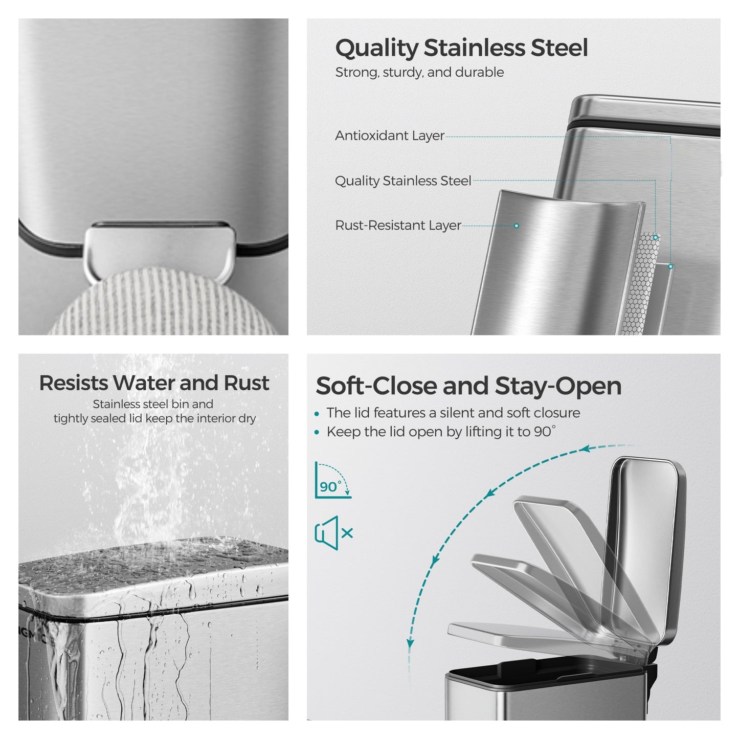 Bathroom Trash Can & Toilet Brush Set, 1.3 Gallon Slim Lid Step Bin with Soft Close - Small Space, Brushed Stainless Steel,Silver