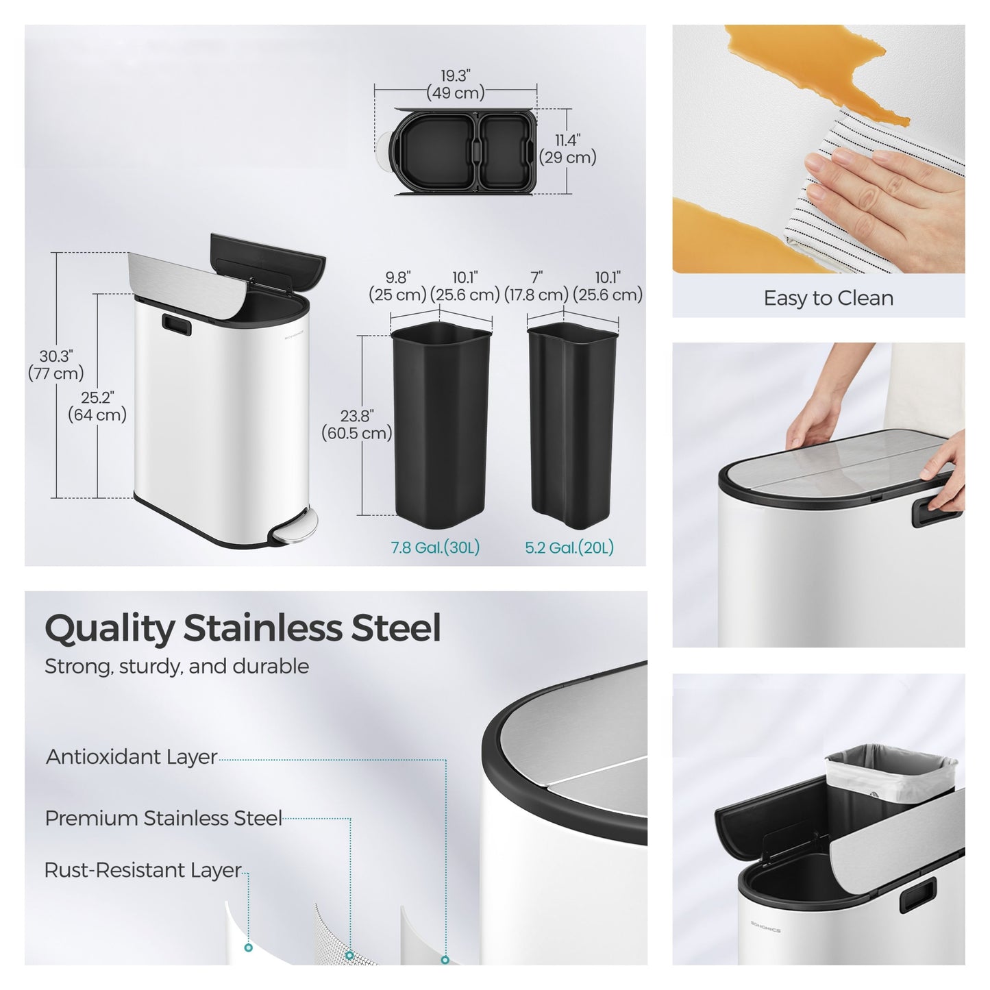 Dual Compartment Kitchen Trash Can, 13-Gallon Wing Lid Recycling Bin, Soft-Close & Dog-Proof Design - Stainless Steel,Cloud White and Metallic Silver