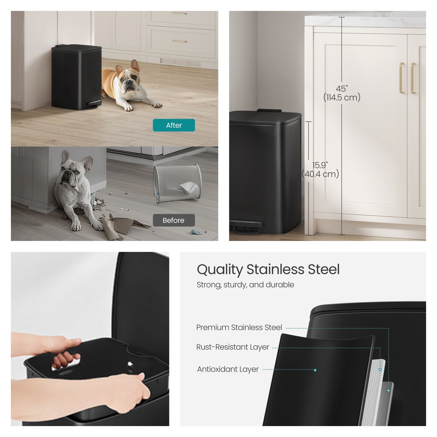 Kitchen Trash Can with Inner Bucket, 5.2-Gallon Soft-Close Lid Bin, Compact & Non-Slip Base, Stainless Steel,Cloud White