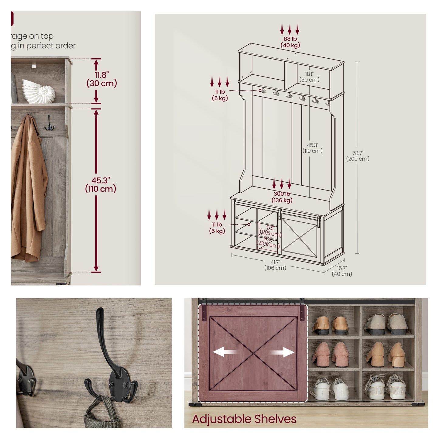 Hall Tree with Bench - 6 Triple Hooks & Adjustable Shoe Storage, Space-Saving Entryway Organizer, Heather Greige