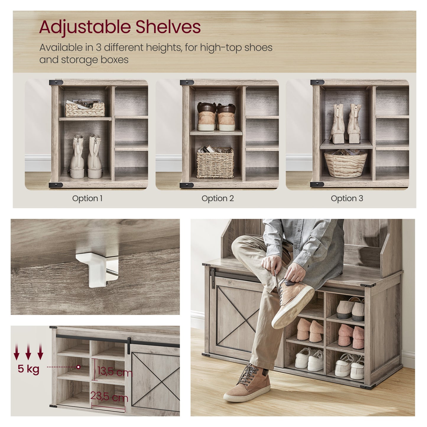 Hall Tree with Bench - 6 Triple Hooks & Adjustable Shoe Storage, Space-Saving Entryway Organizer, Heather Greige