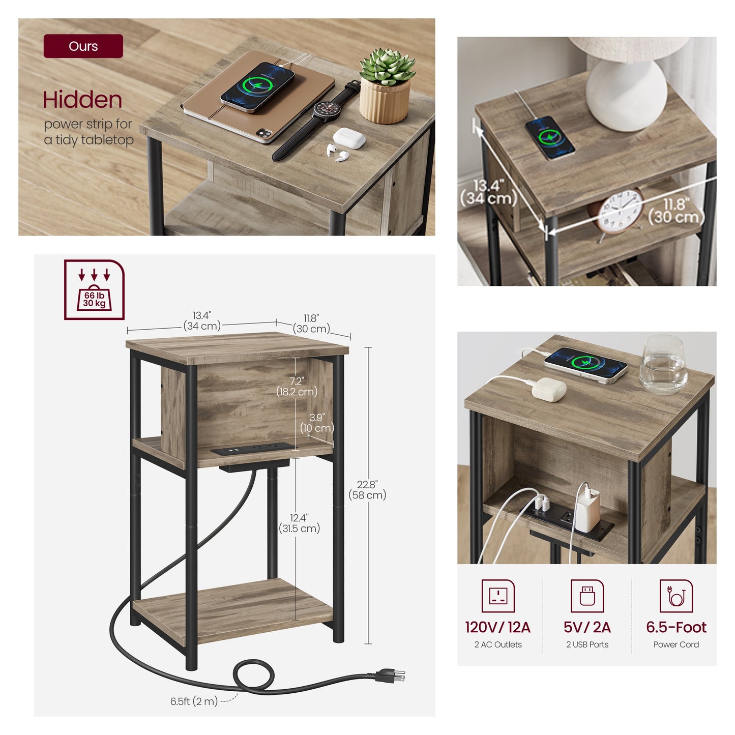 3-Tier Charging Side Table - End Table with 2 Outlets & 2 USB Ports, Space-Saving Nightstand in Camel Brown and Black