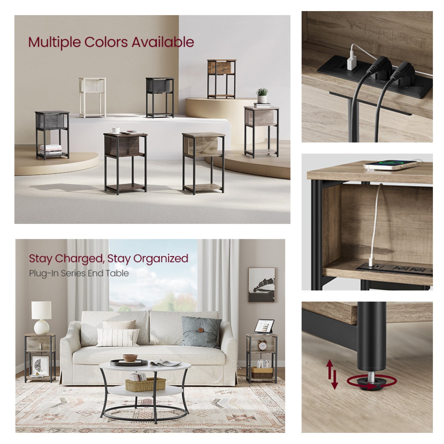 3-Tier Charging Side Table - End Table with 2 Outlets & 2 USB Ports, Space-Saving Nightstand in Camel Brown and Black
