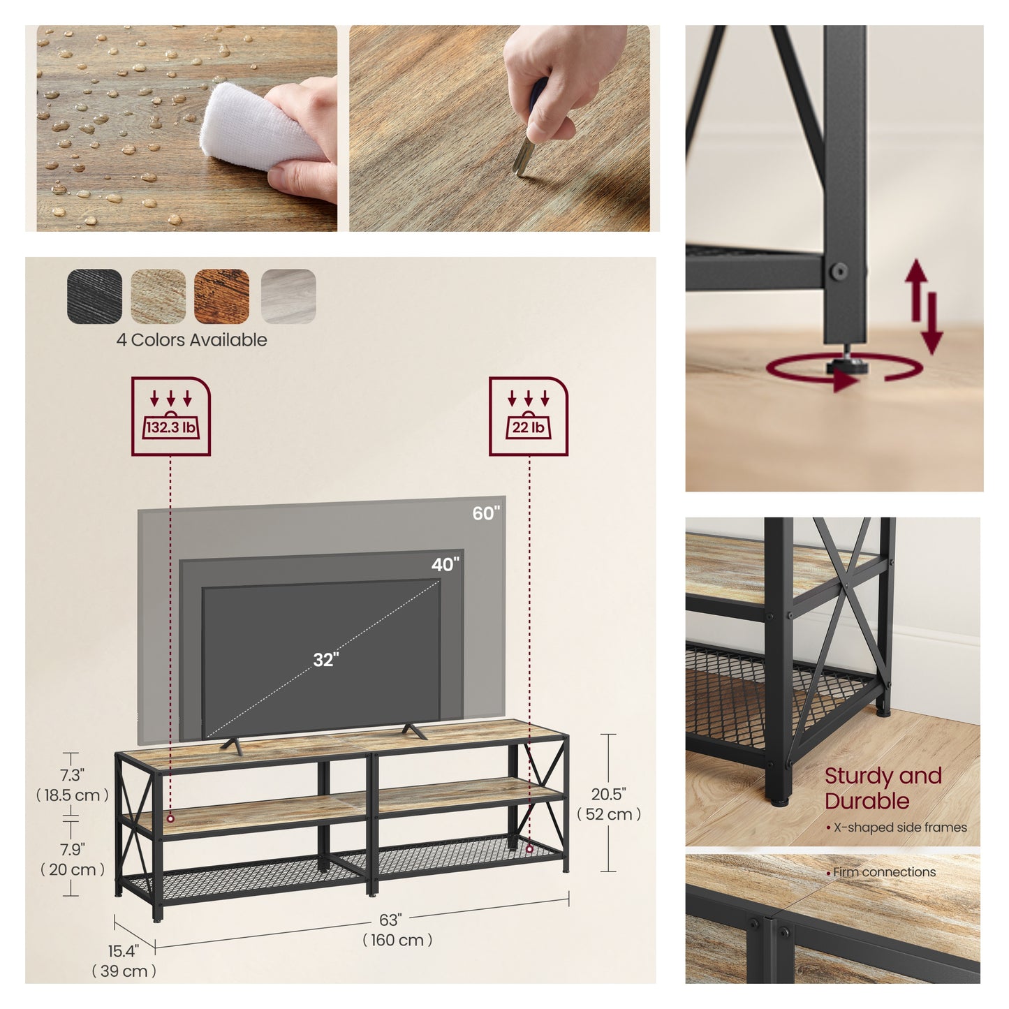 63" TV Stand for 70" TVs - Media Console with 3 Storage Shelves, Steel Frame, Easy Assembly, Turquoise Brown and Black
