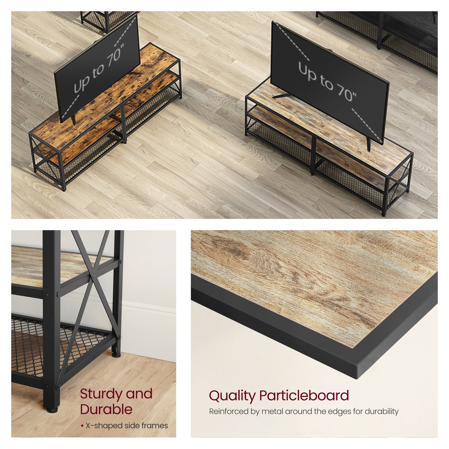 63" TV Stand for 70" TVs - Media Console with 3 Storage Shelves, Steel Frame, Easy Assembly, Turquoise Brown and Black
