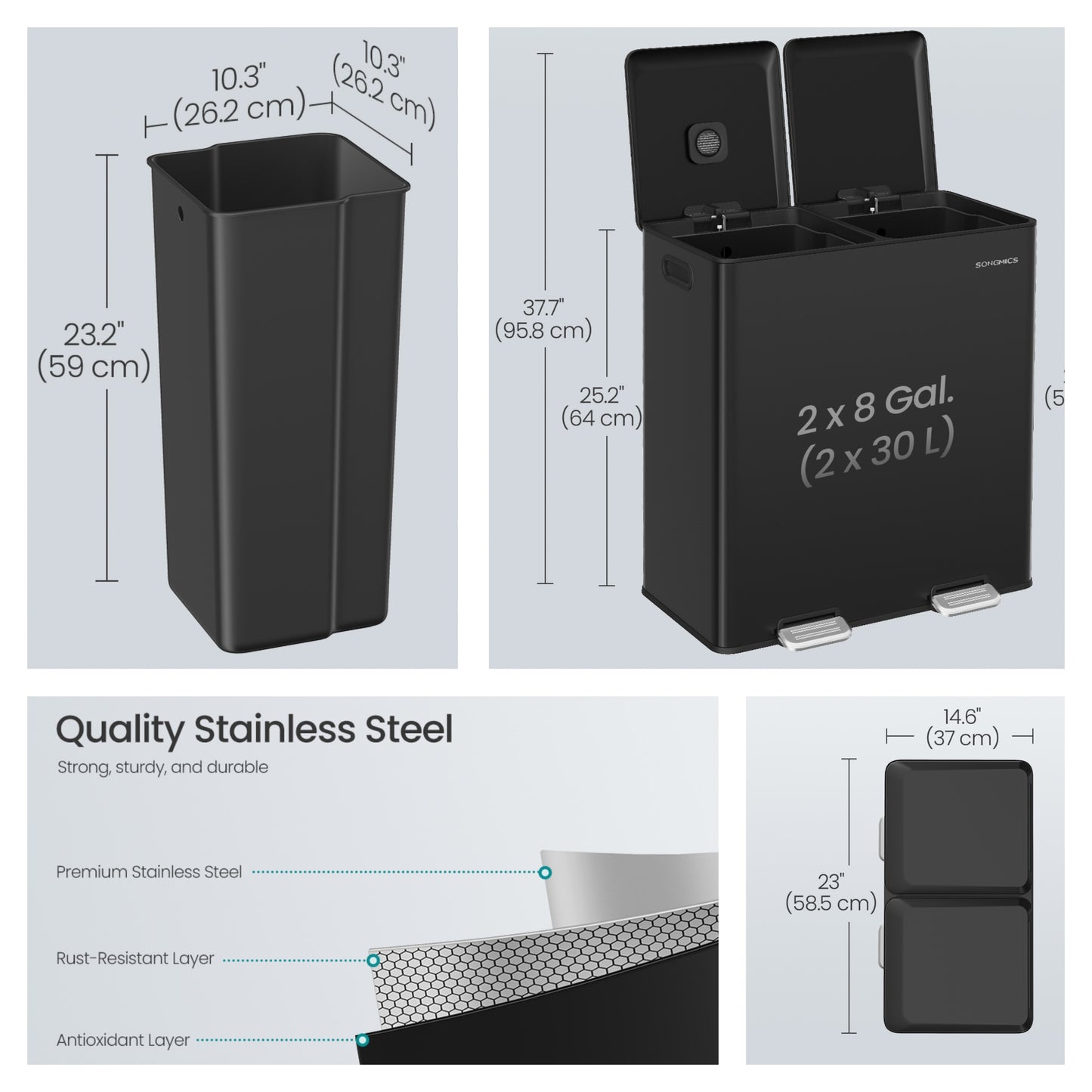 Double Compartment Step Trash Can, 2 x 8-Gallon Soft-Close Lid Garbage Bin with Pedals, Removable Buckets and Odor Control, Stainless Steel,Ink Black