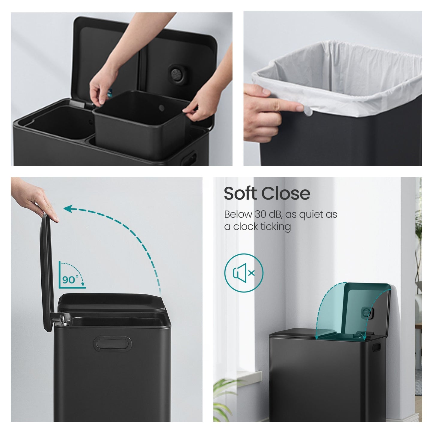 Double Compartment Step Trash Can, 2 x 8-Gallon Soft-Close Lid Garbage Bin with Pedals, Removable Buckets and Odor Control, Stainless Steel,Ink Black