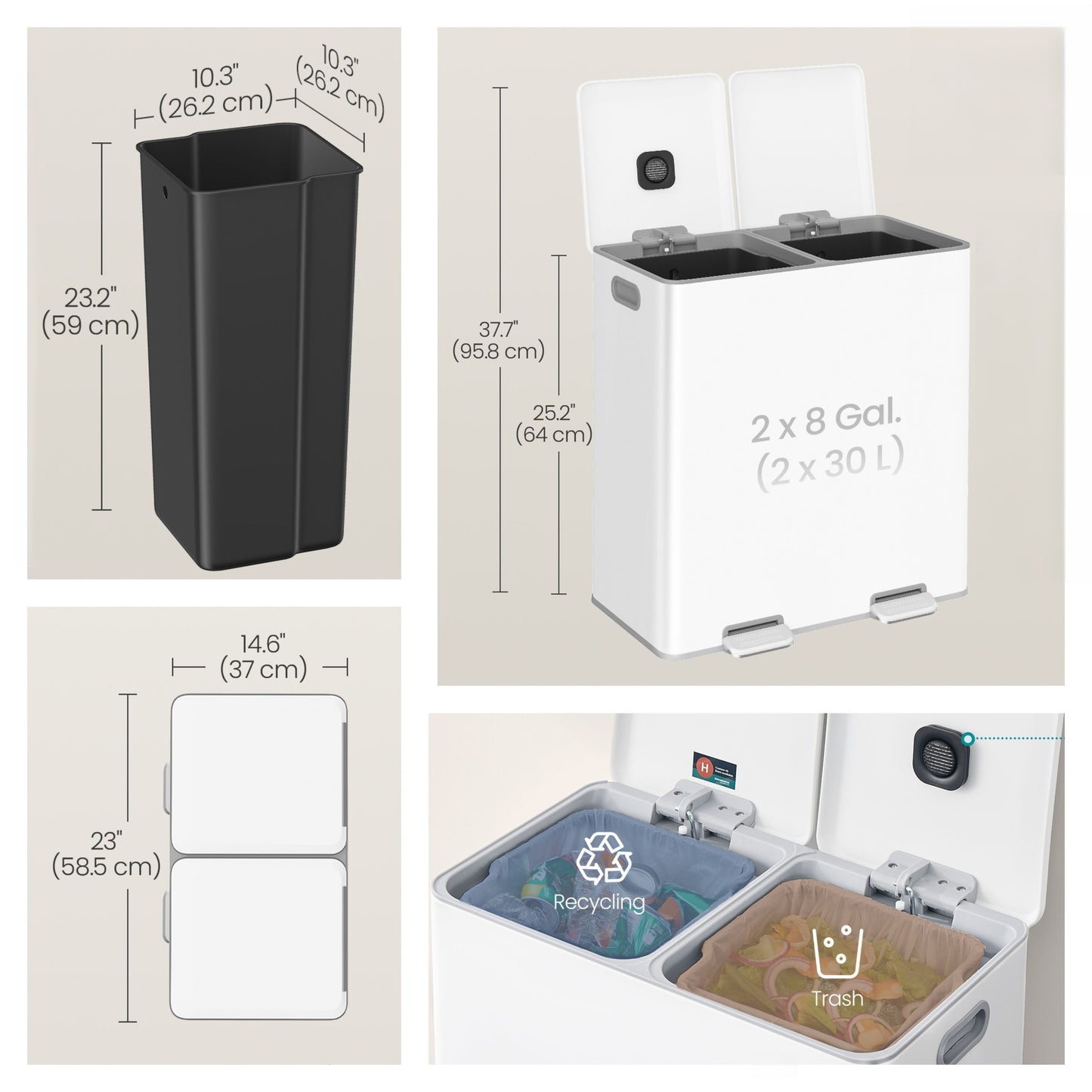 Double Compartment Step Trash Can, 2 x 8-Gallon Soft-Close Lid Garbage Bin with Pedals, Removable Buckets and Odor Control, Stainless Steel,Cloud White