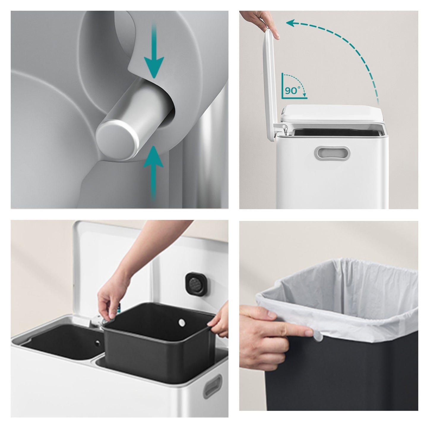 Double Compartment Step Trash Can, 2 x 8-Gallon Soft-Close Lid Garbage Bin with Pedals, Removable Buckets and Odor Control, Stainless Steel,Cloud White