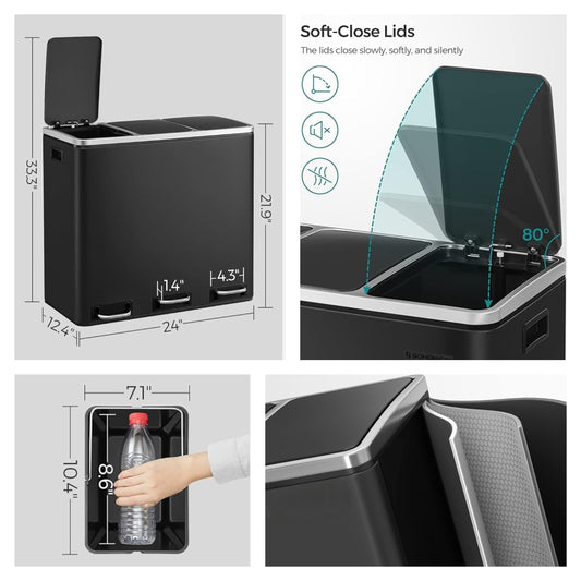 Stainless Steel 14.4 Gallon Triple Compartment Recycling Bin, 3 x 4.8 Gallon Soft-Close Trash Cans with Pedals for Kitchen Waste Sorting,Black