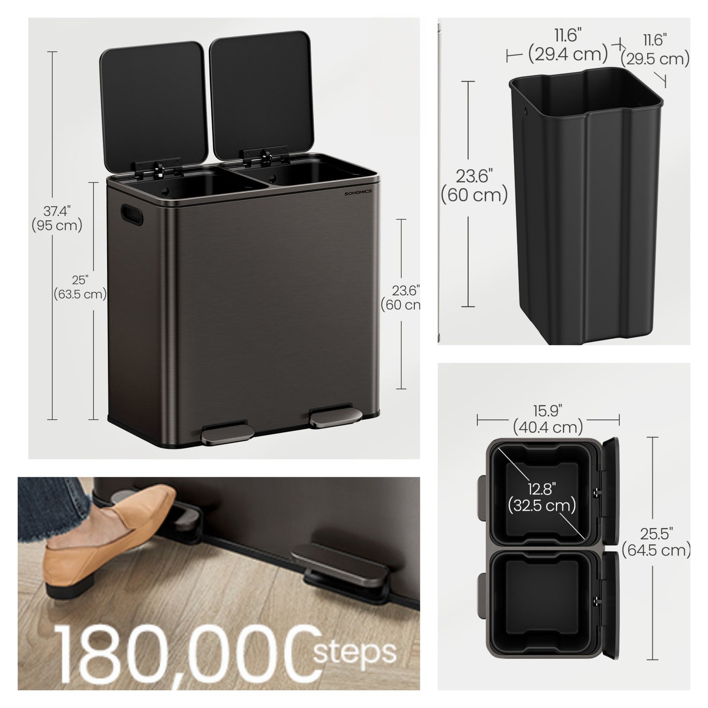 Dual Compartment Step Trash Can, 2 x 10.6-Gallon Kitchen Garbage Bin with Pedal, Inner Buckets, Hinged Lids and Trash Bags Included, Slate Gray