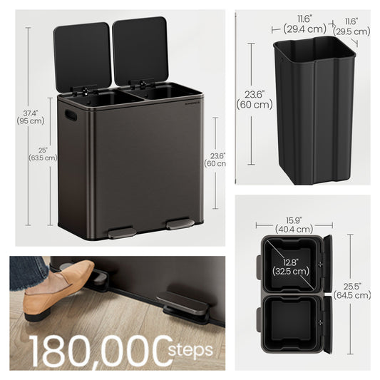 Dual Compartment Step Trash Can, 2 x 10.6-Gallon Kitchen Garbage Bin with Pedal, Inner Buckets, Hinged Lids and Trash Bags Included, Slate Gray