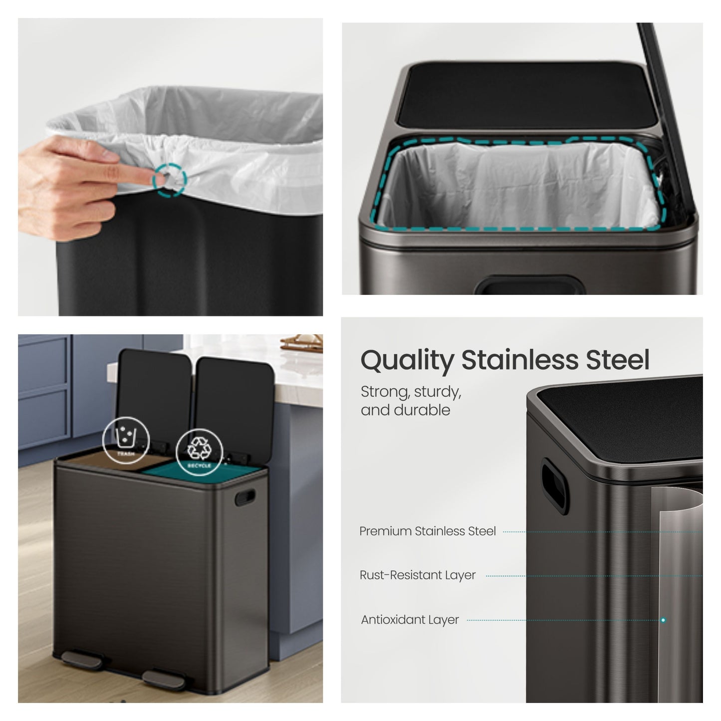 Dual Compartment Step Trash Can, 2 x 10.6-Gallon Kitchen Garbage Bin with Pedal, Inner Buckets, Hinged Lids and Trash Bags Included, Slate Gray