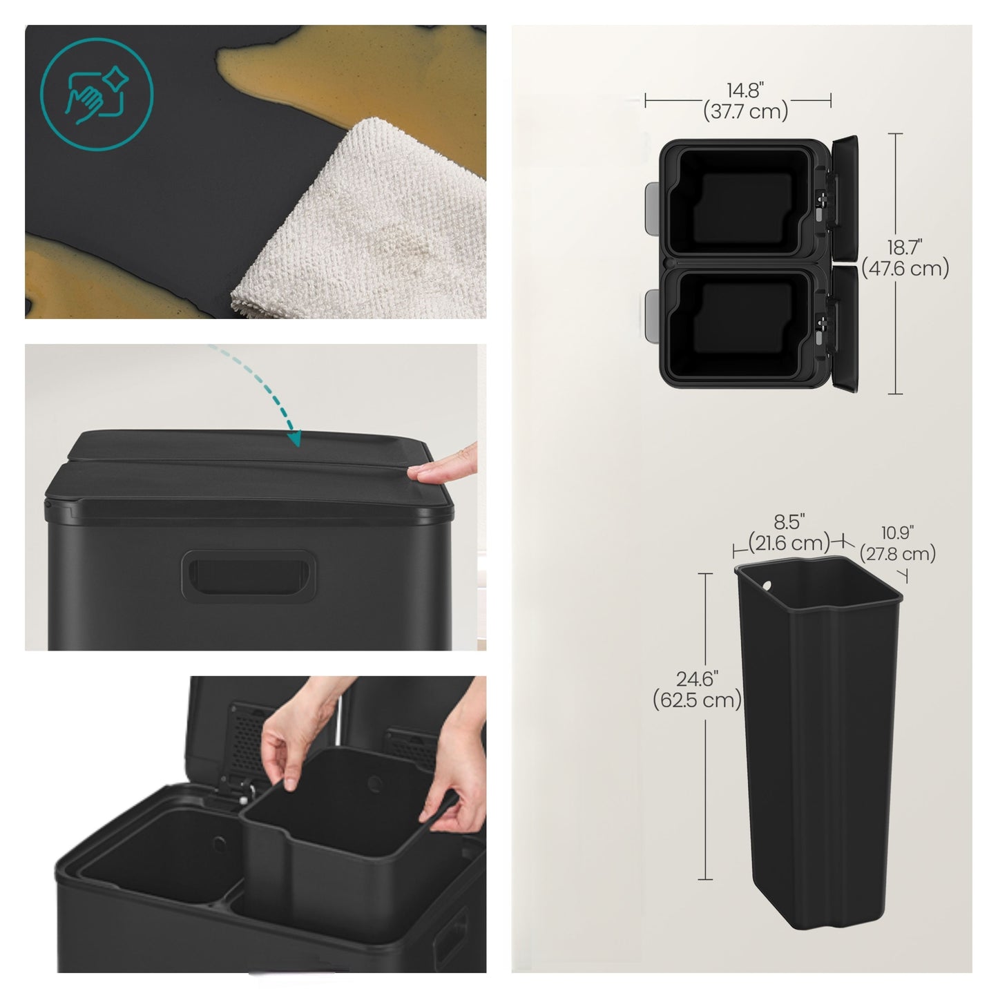 Dual Compartment Step Trash Can, 2 x 8-Gallon Soft-Close Lid Garbage Bin with Pedal, Inner Buckets and Liners Included, Stainless Steel,Ink Black