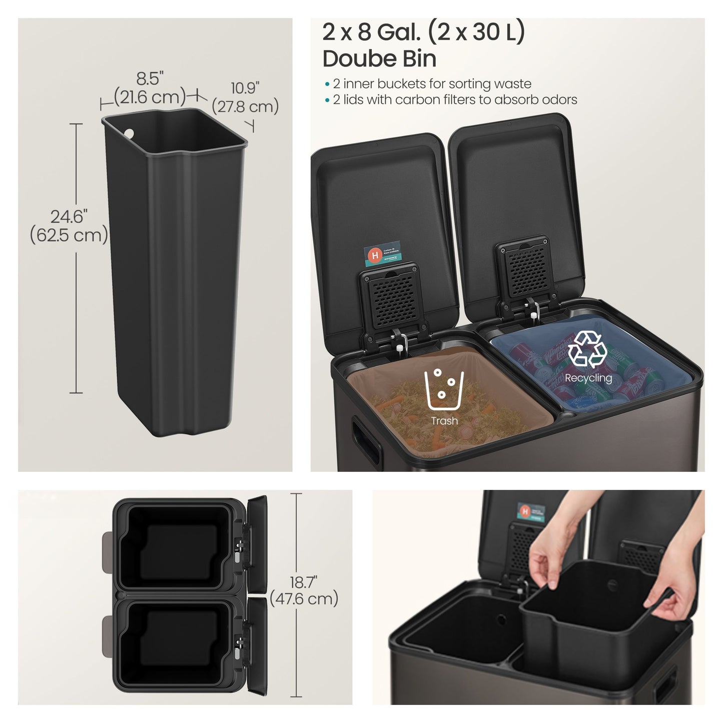 Dual Compartment Step Trash Can, 2 x 8-Gallon Soft-Close Lid Garbage Bin with Pedal, Inner Buckets and Liners Included, Stainless Steel,Slate Gray