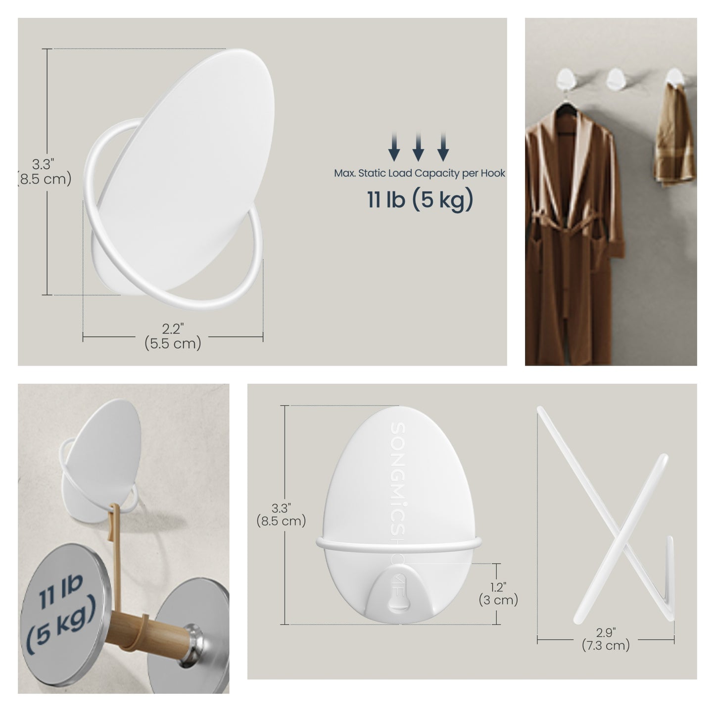 4-Pack Egg Design Wall Hooks - Modern Coat Hooks for Entryway, Bedroom & Bathroom, 11lb Capacity Each, Pearl White