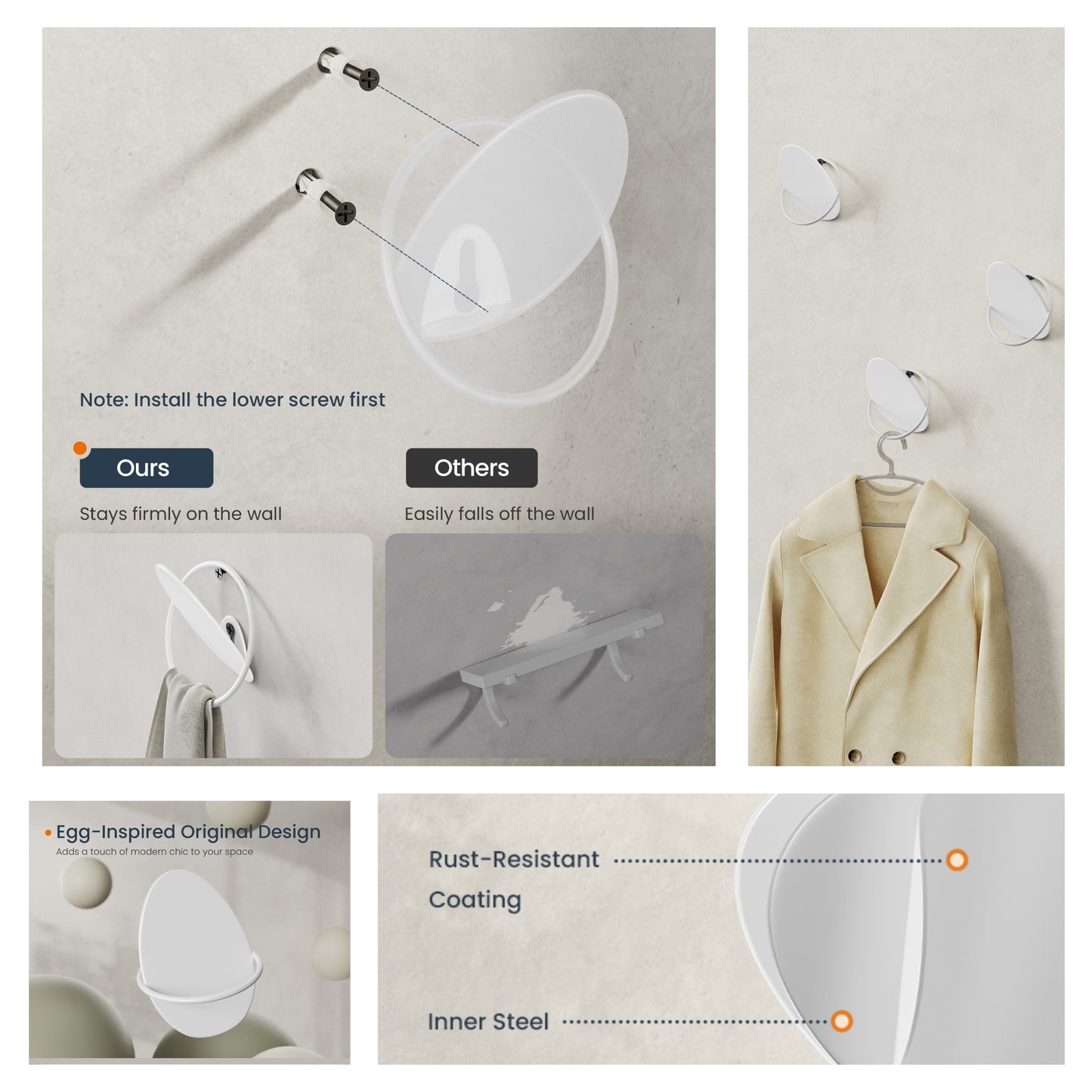 4-Pack Egg Design Wall Hooks - Modern Coat Hooks for Entryway, Bedroom & Bathroom, 11lb Capacity Each, Pearl White