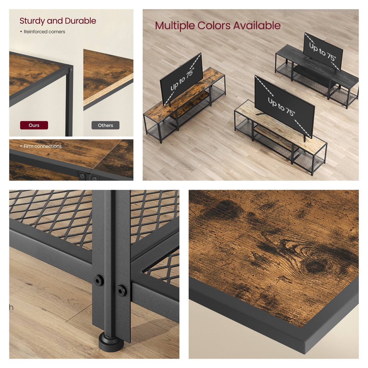75" TV Stand - Industrial Entertainment Center with 3 Open Shelves, Media Console for Living Room, Rustic Brown and Black