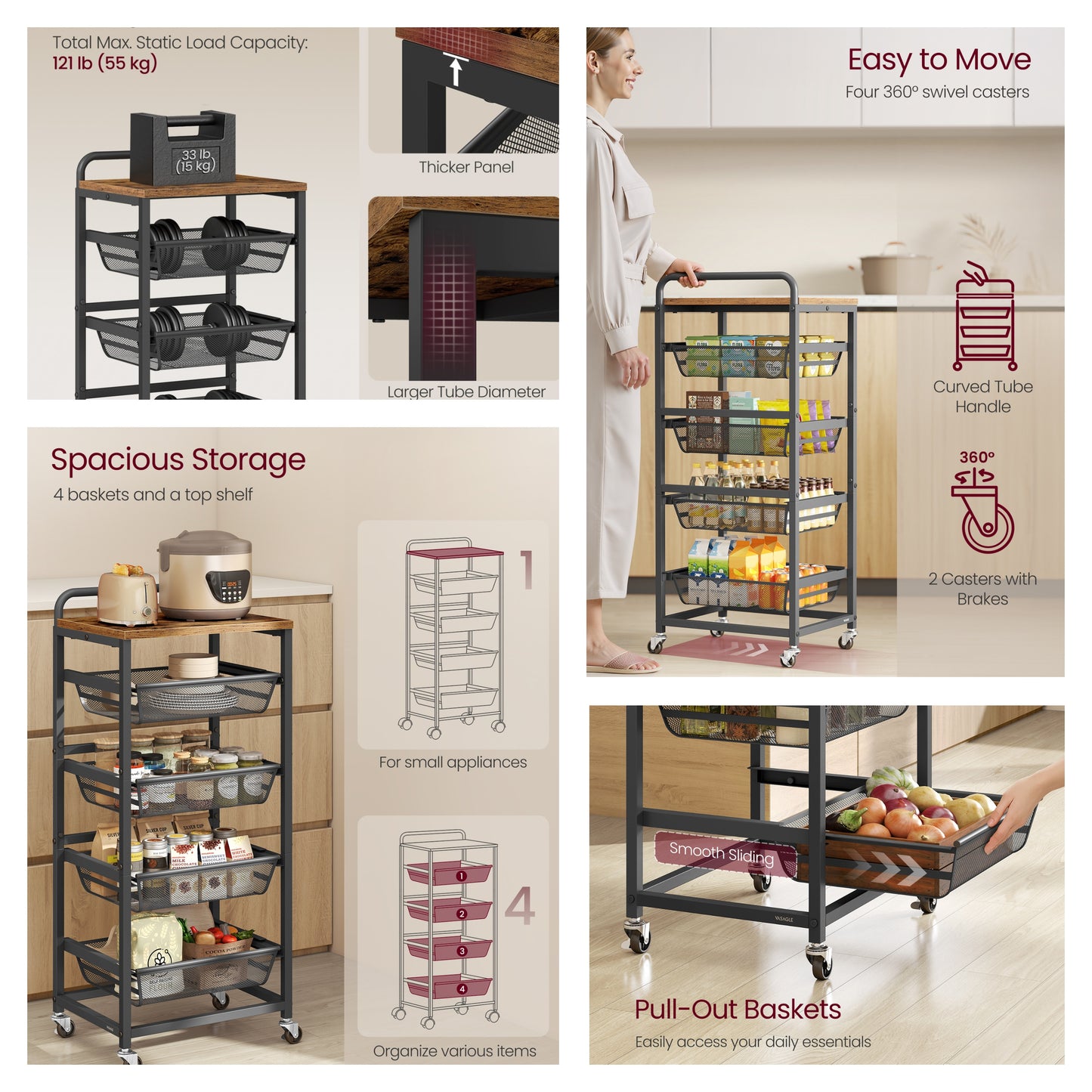 5-Tier Rolling Kitchen Cart with Pull-Out Baskets, Utility Storage Cart with Wheels & Handle, for Snacks, 37.4 x 15.8 x 12.5 Inches, Rustic Brown and Ink Black