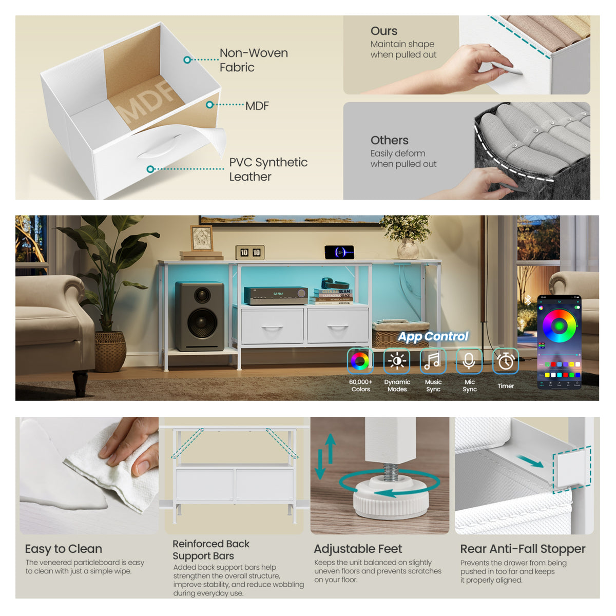 LEDREM TV Stand with LED Lights and Power Outlets, Entertainment Center with 2 Drawers, 61.8 x 13.8 x 23.6 Inches, White