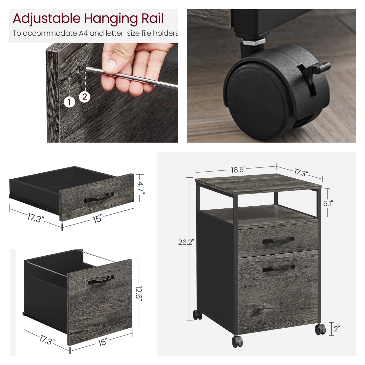 Mobile 2-Drawer File Cabinet with Wheels and Open Shelf, Locking Casters for A4/Letter Files, Charcoal Gray and Black