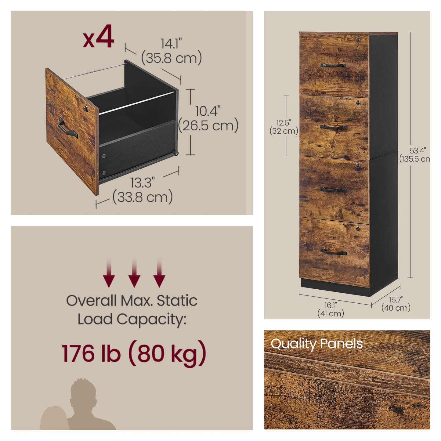 4-Drawer Vertical File Cabinet with Locking Drawers, Adjustable Hanging Rail for A4/Letter Files, Rustic Brown