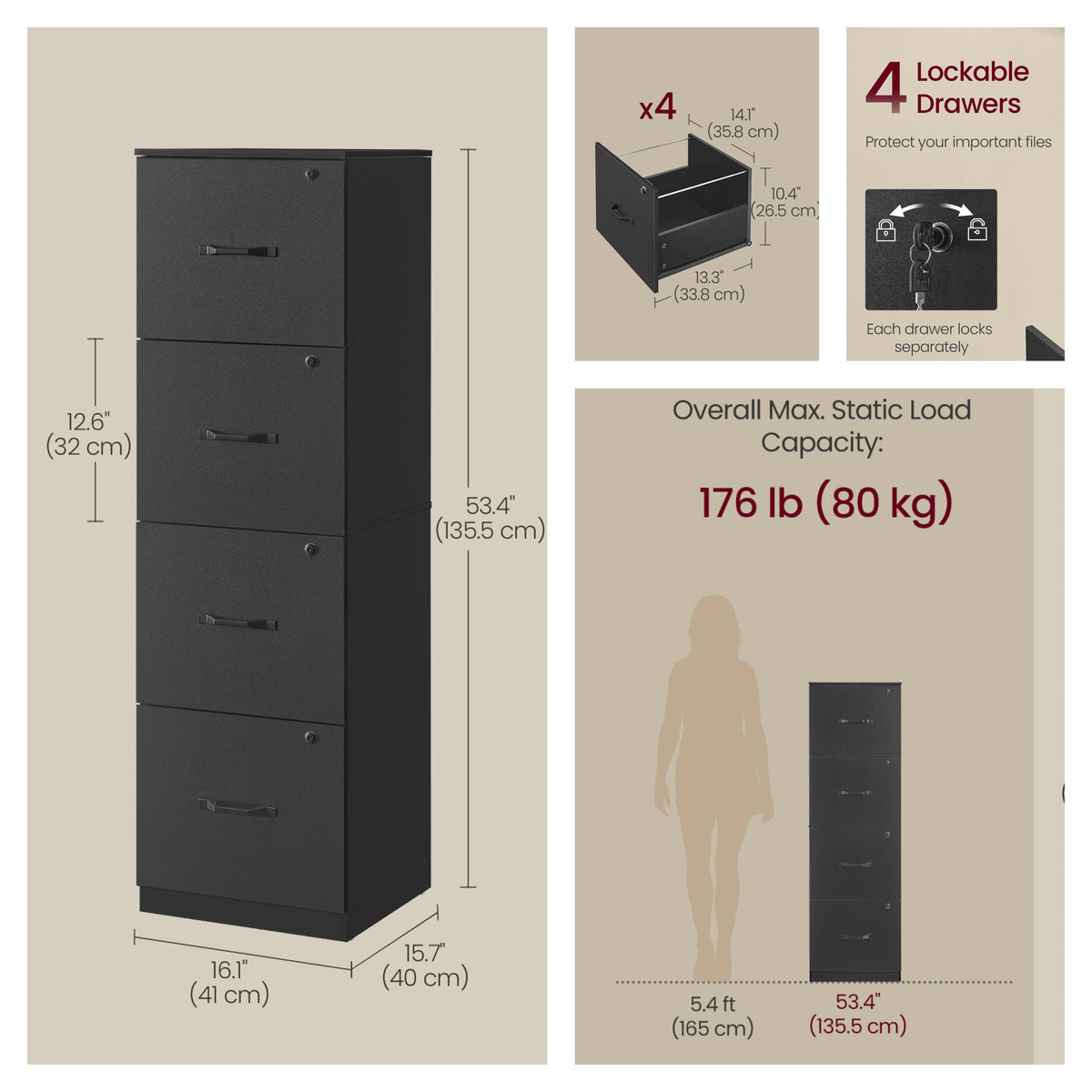 4-Drawer Vertical File Cabinet with Adjustable Hanging Rails, Lockable Filing Cabinet for A4/Letter Files, Ink Black