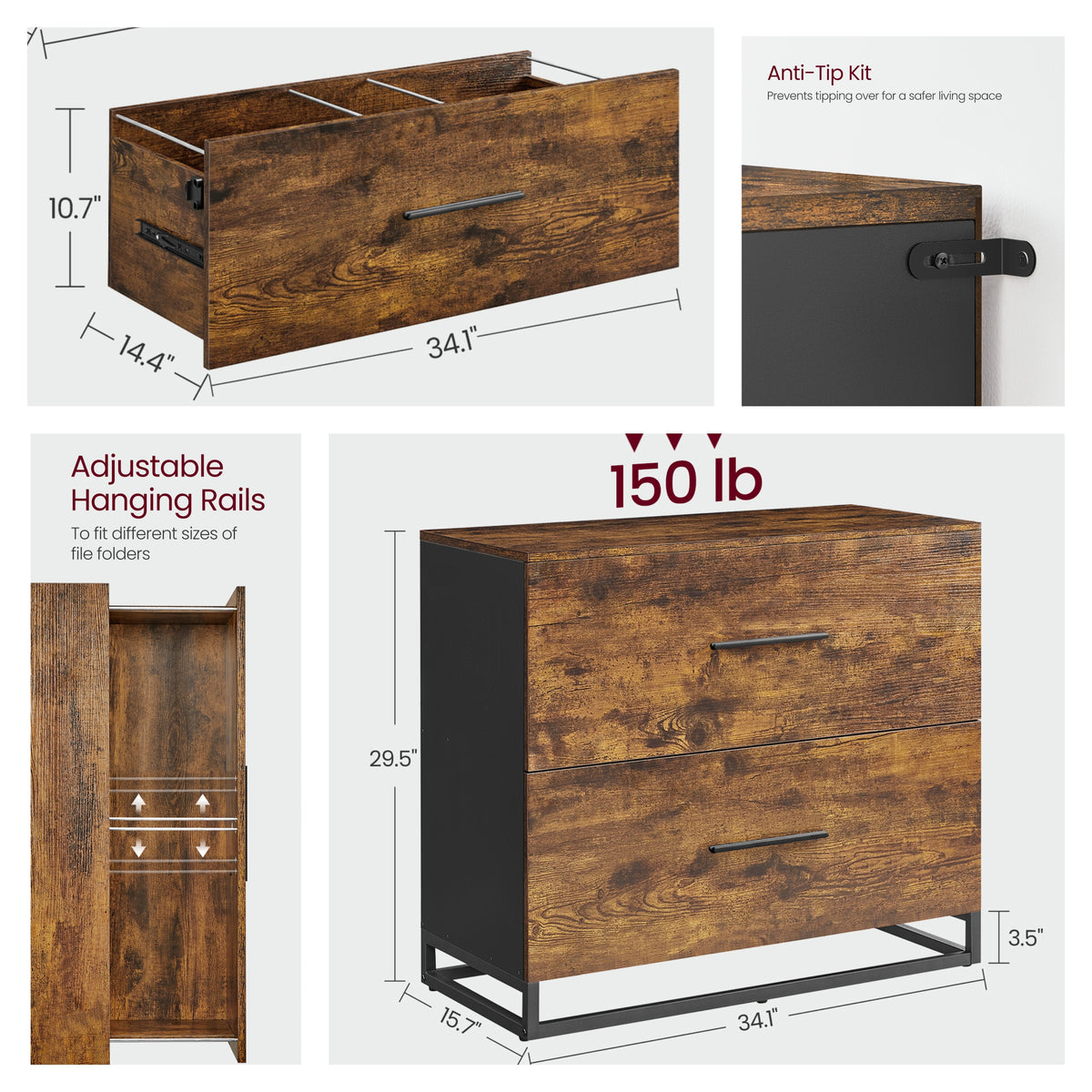 2-Drawer Lateral File Cabinet with Adjustable Hanging Rails, Anti-Tip Interlocking Filing Cabinet for A4/Legal Files, Rustic Brown and Black