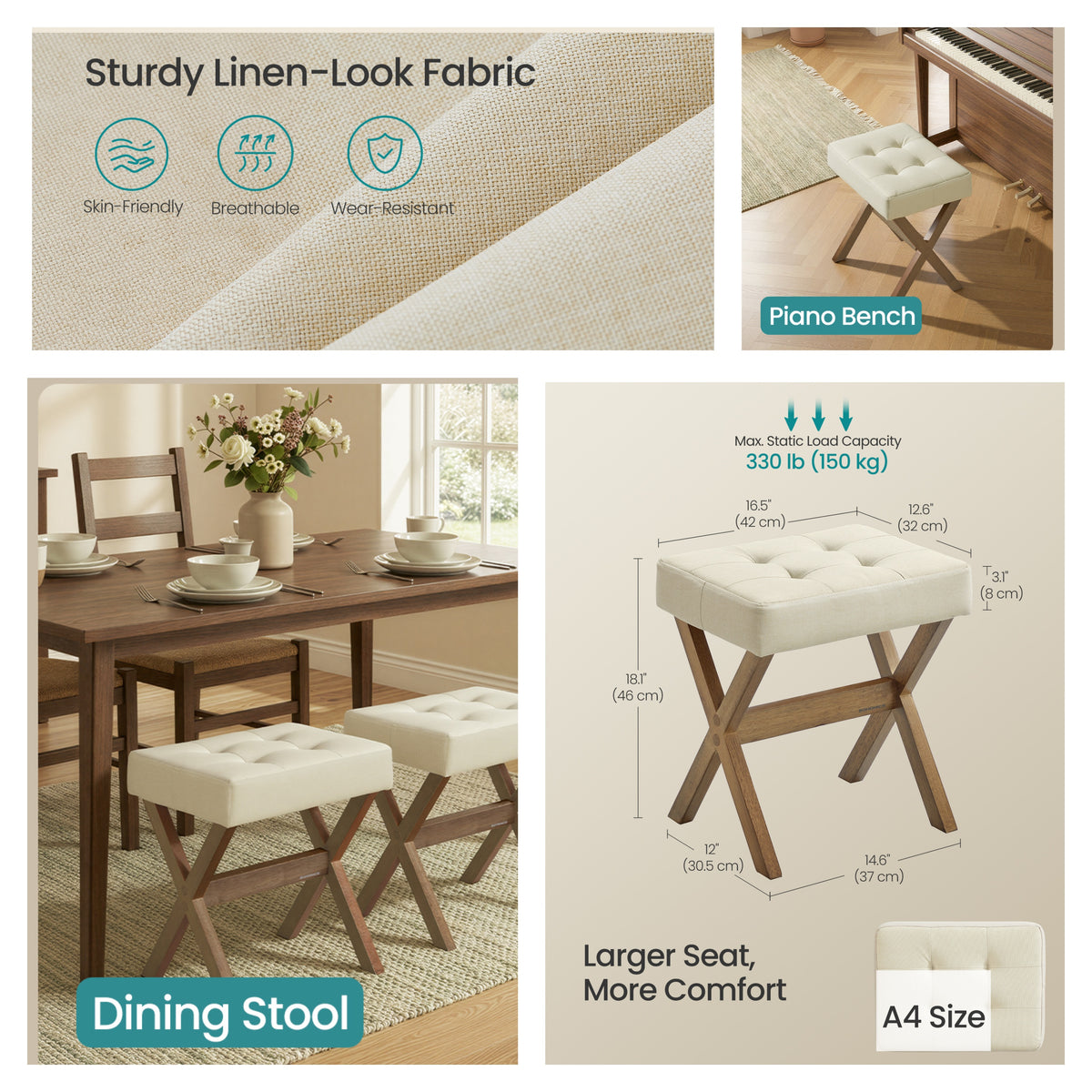 Padded Vanity Stool with Solid Wood X-Legs, 16.5 Inch Makeup Stool for Bedroom Closet, Summer Sand and Brown