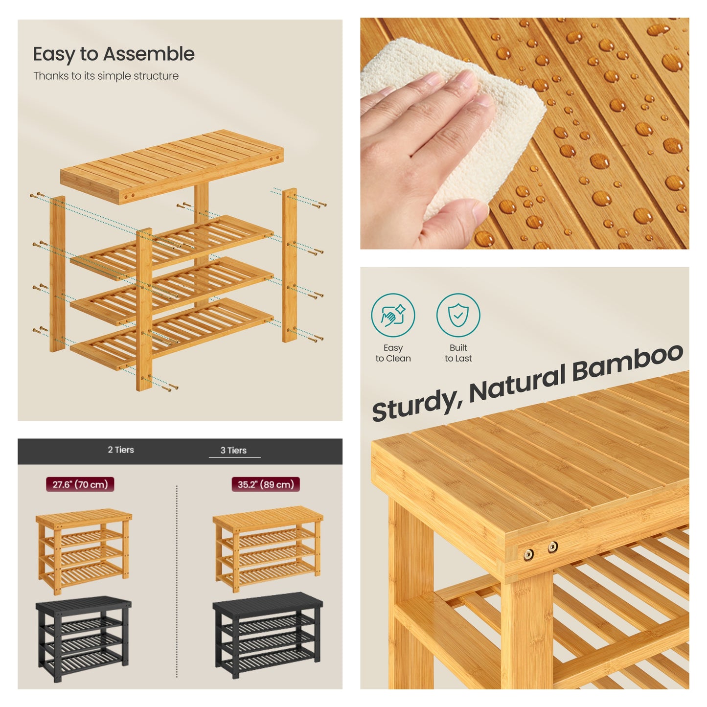 3-Tier Bamboo Shoe Rack Bench with Storage Shelves, Entryway Organizer and Seating for Multiple Rooms, Light Bamboo