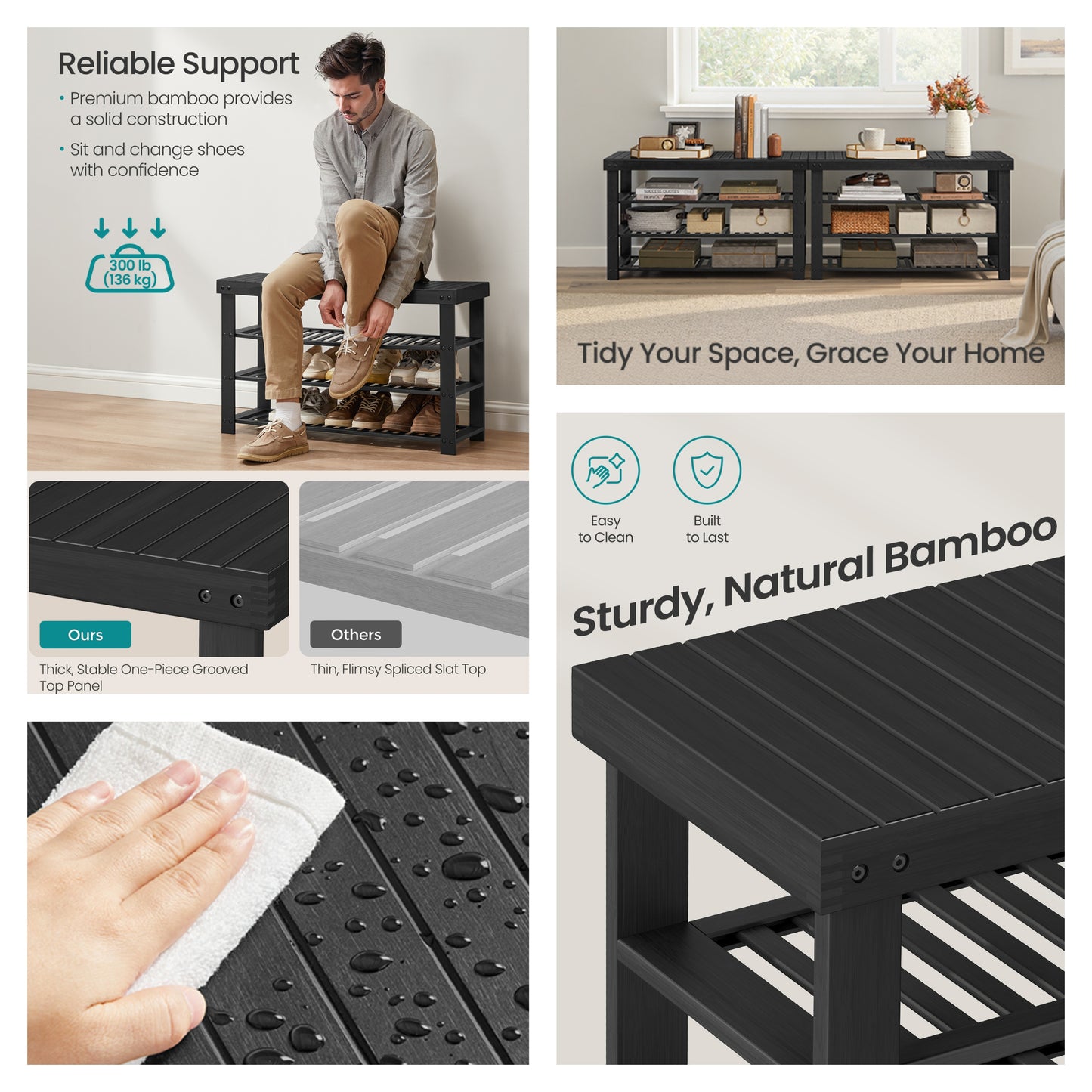 3-Tier Bamboo Shoe Storage Bench, Entryway Organizer with Seating for 12 Pairs, Multi-Use for Living Room & Bedroom, 35.2"W, Ink Black