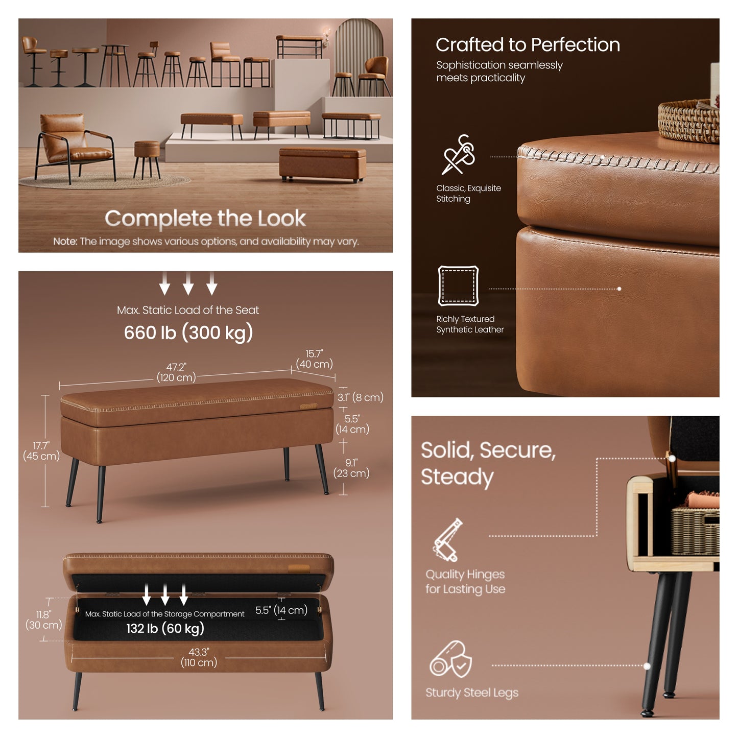 Storage Ottoman Bench, 15 Gal Entryway Bedroom Bench with Safety Hinges, Synthetic Leather Upholstery, 660 lb Capacity, Caramel Brown