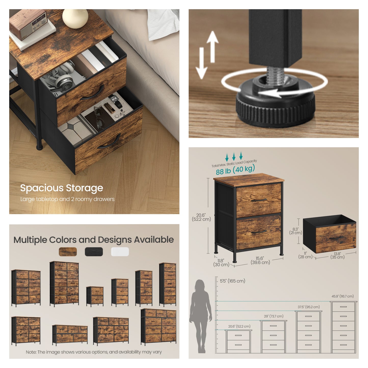 2-Drawer Storage Dresser with Steel Frame, Multi-Use Chest of Drawers for Bedroom, Closet and Entryway, Rustic Brown and Ink Black