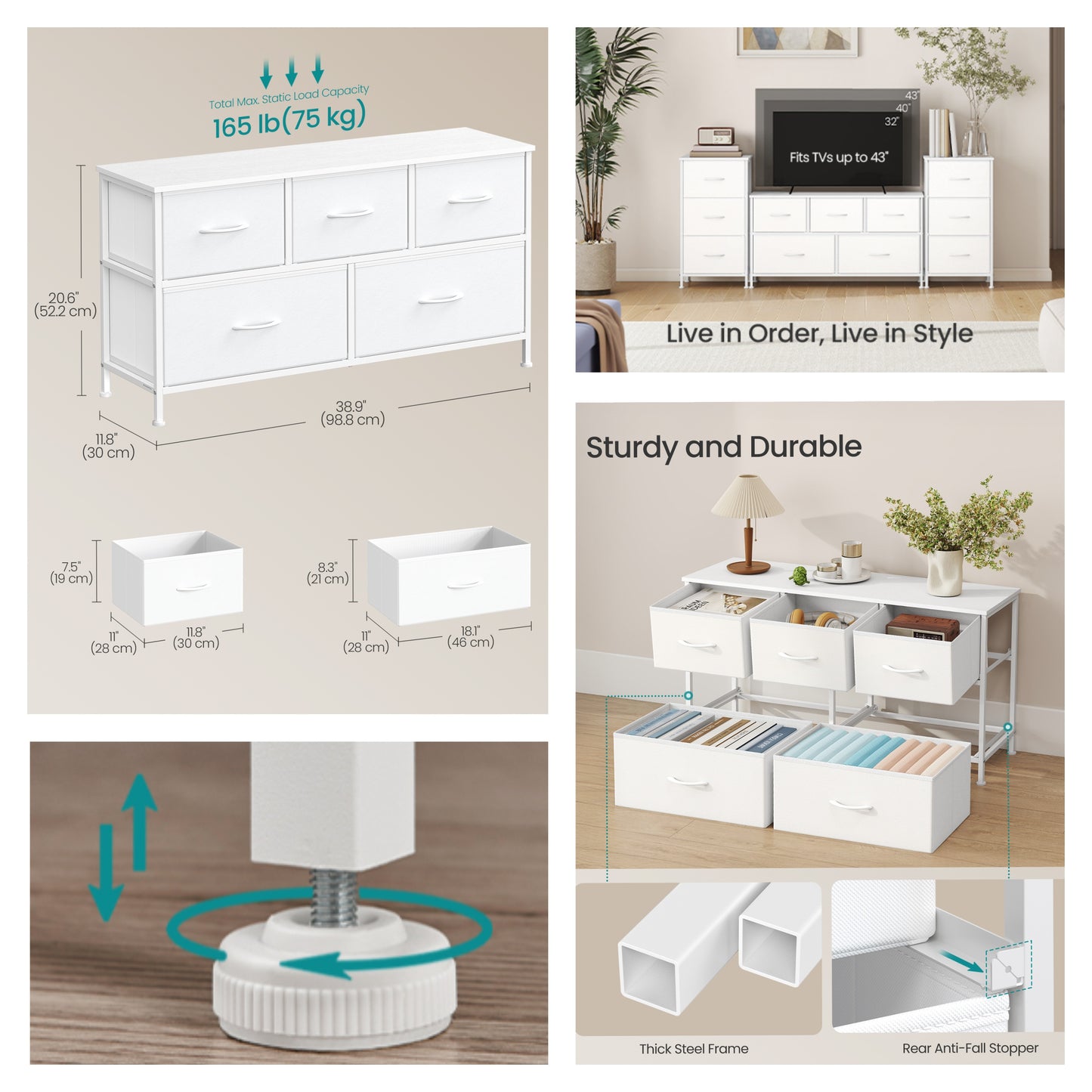 5-Drawer Storage Dresser with Steel Frame, Fabric Drawer Organizer for Bedroom, Closet, and TV Stand Use, Cloud White and Snow White