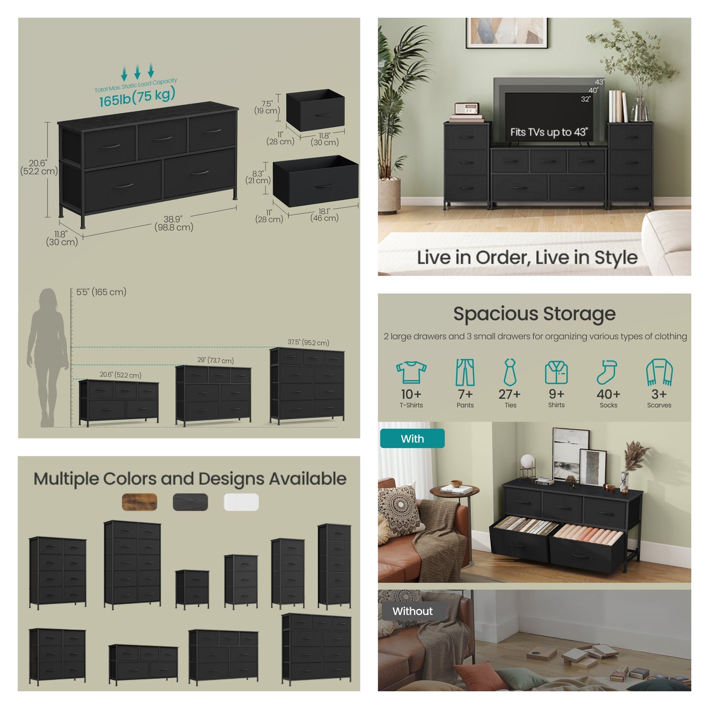 5-Drawer Storage Dresser with Steel Frame, Fabric Drawer Organizer for Bedroom, Closet and TV Stand Use, Ink Black and Ebony Black