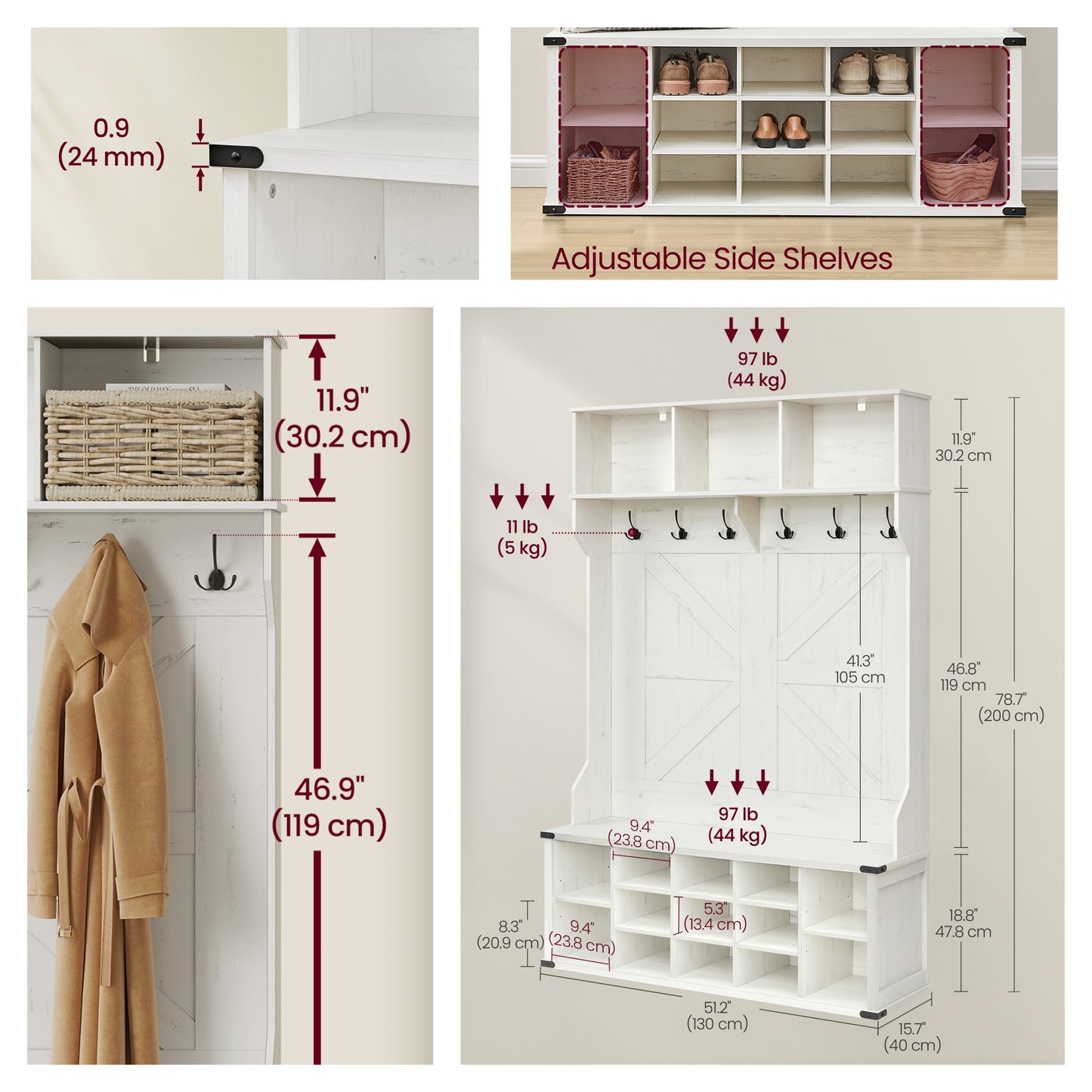 Farmhouse Hall Tree - Entryway Bench with 16 Shoe Compartments & 6 Triple Hooks, Storage Organizer, Rustic White