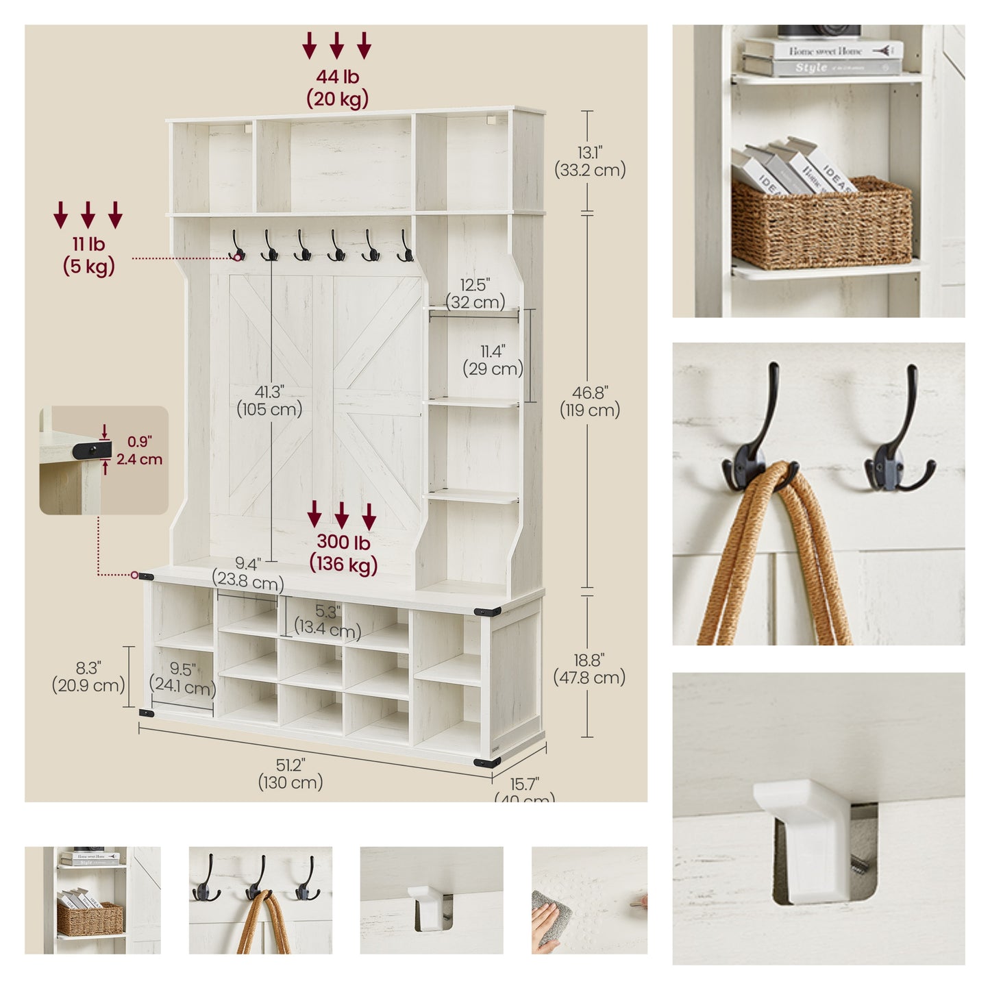 Farmhouse Hall Tree - Entryway Bench with 20 Storage Compartments & 6 Triple Hooks, Space-Saving Organizer, Rustic White