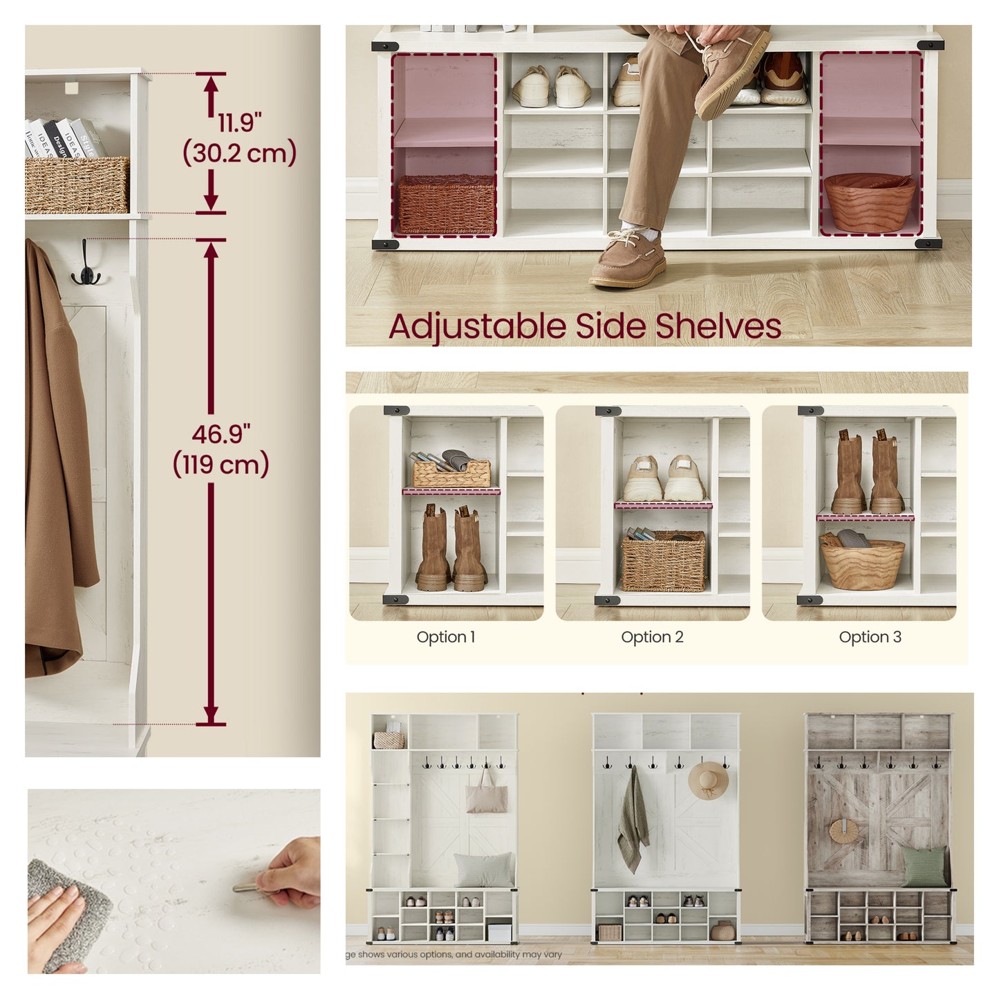 Farmhouse Hall Tree - Entryway Bench with 20 Storage Compartments & 6 Triple Hooks, Space-Saving Organizer, Rustic White
