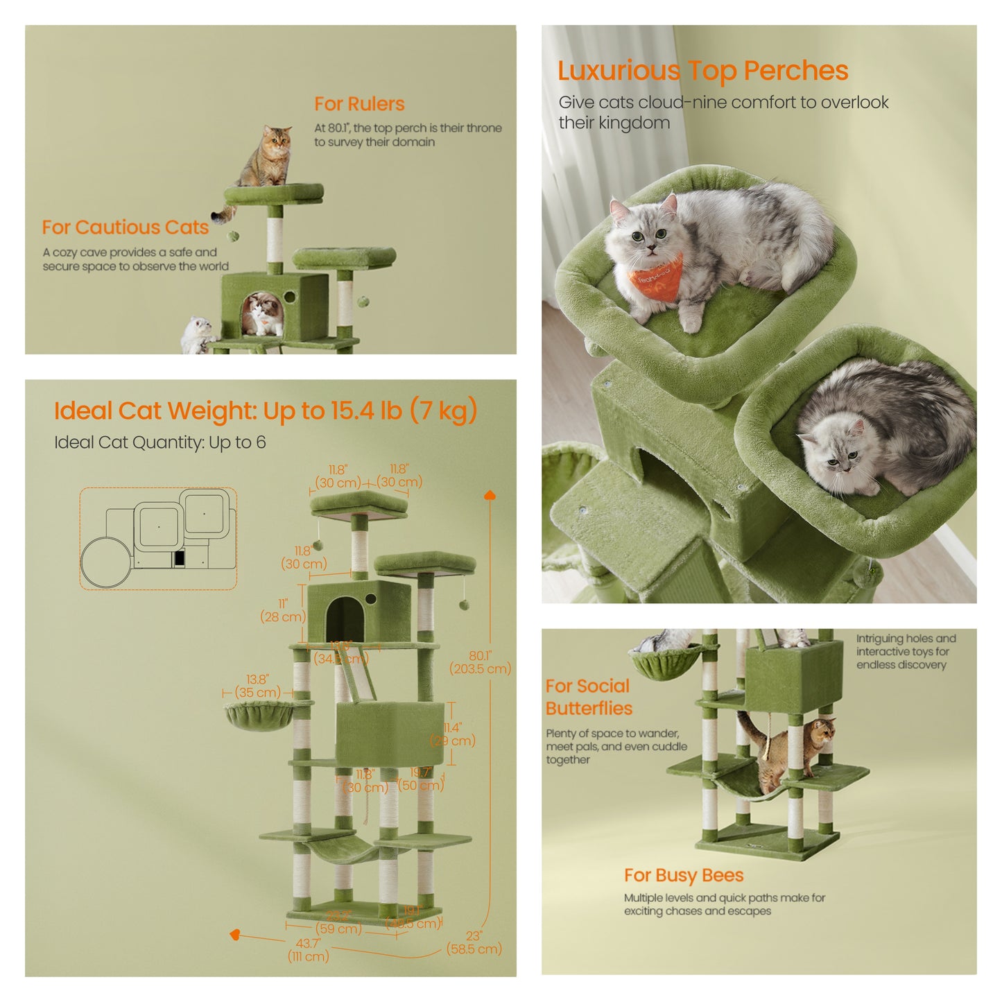 81.1-Inch Large Cat Tree Tower, Multi-Level Cat Condo with 13 Scratching Posts, 2 Perches, 2 Caves, Hammock & Basket, Green