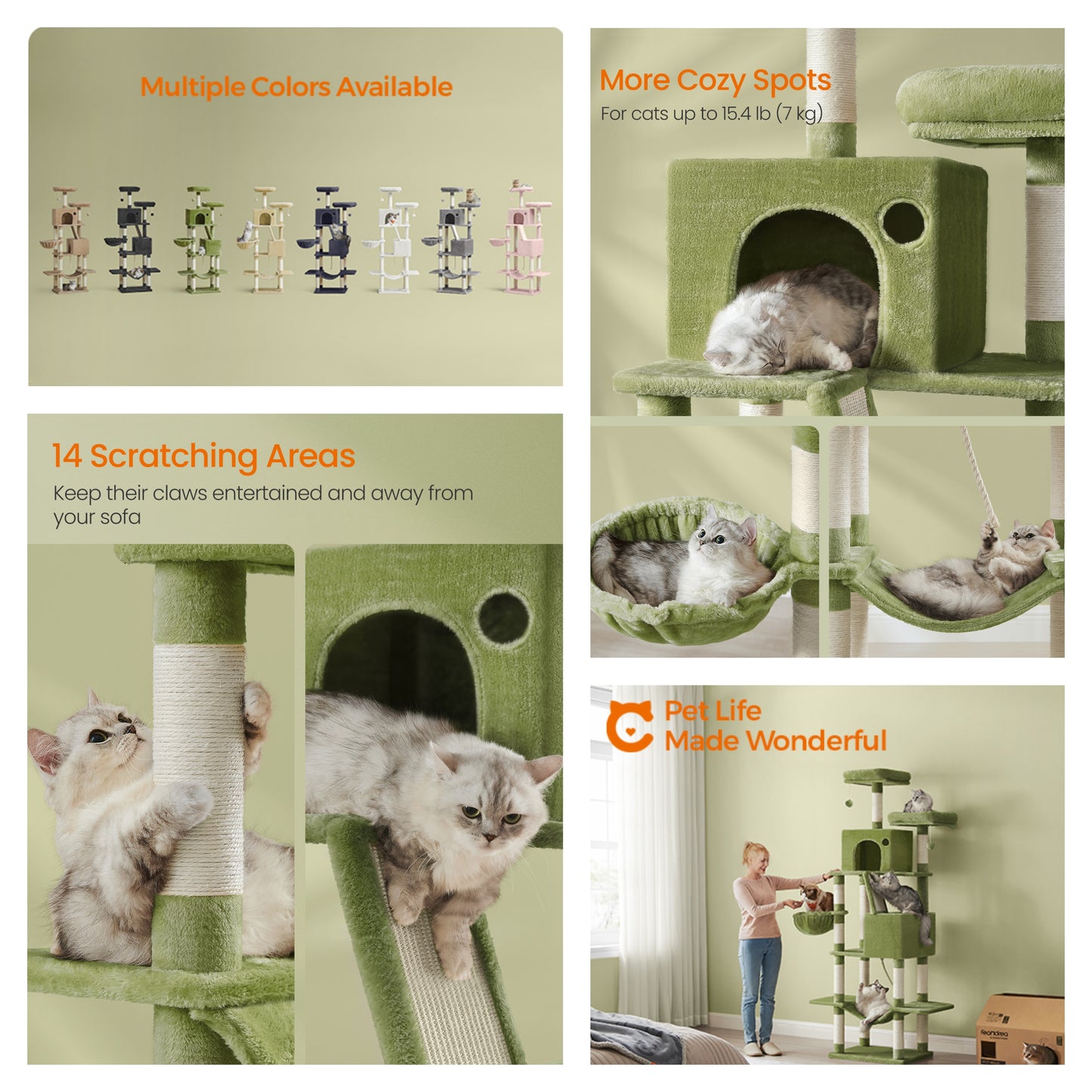 81.1-Inch Large Cat Tree Tower, Multi-Level Cat Condo with 13 Scratching Posts, 2 Perches, 2 Caves, Hammock & Basket, Green