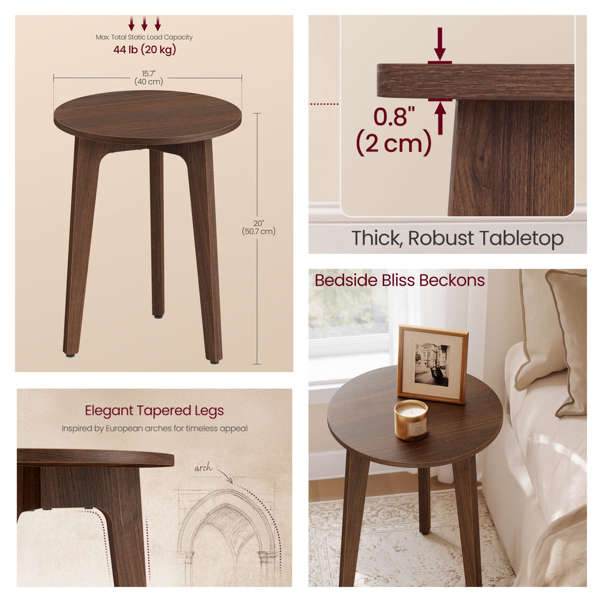 LEDREM Round Side Table, Mid-Century Modern Compact End Table for Small Spaces, 15.7 x 15.7 x 20 Inches, Walnut