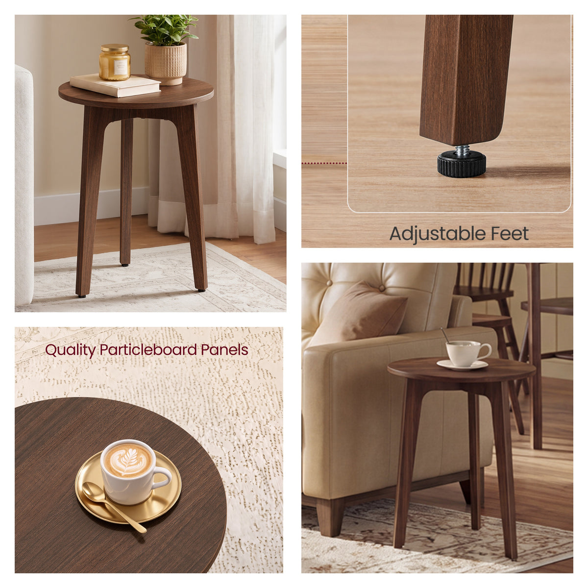 LEDREM Round Side Table, Mid-Century Modern Compact End Table for Small Spaces, 15.7 x 15.7 x 20 Inches, Walnut