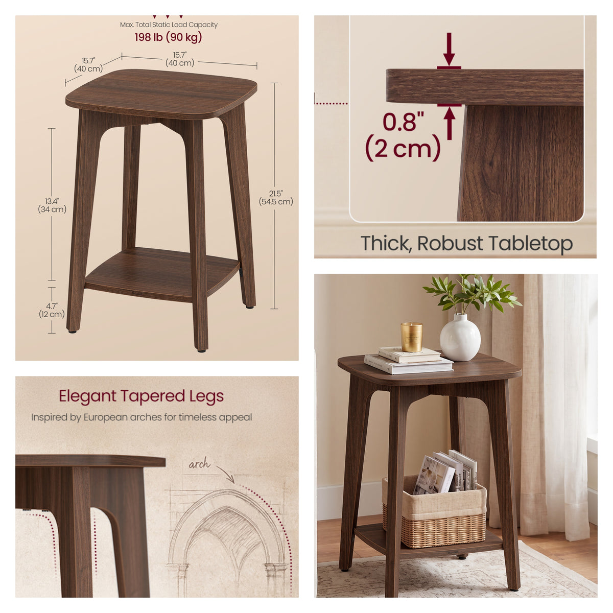 LEDREM End Table, 2-Tier Mid-Century Modern Nightstand, 15.7 x 15.7 x 21.5 Inches, Brown