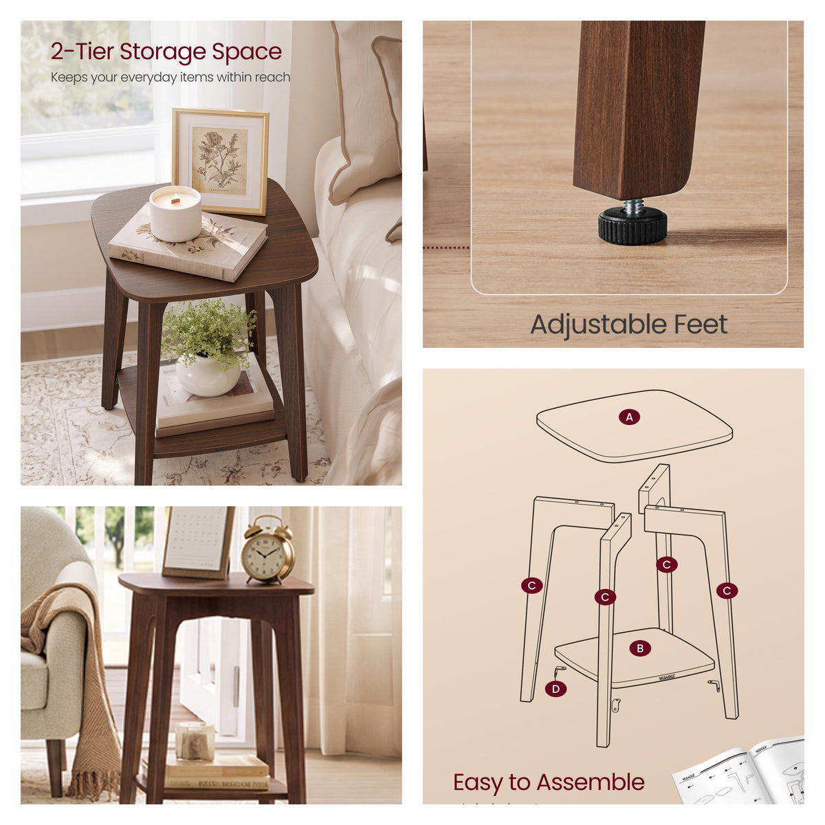 LEDREM End Table, 2-Tier Mid-Century Modern Nightstand, 15.7 x 15.7 x 21.5 Inches, Brown