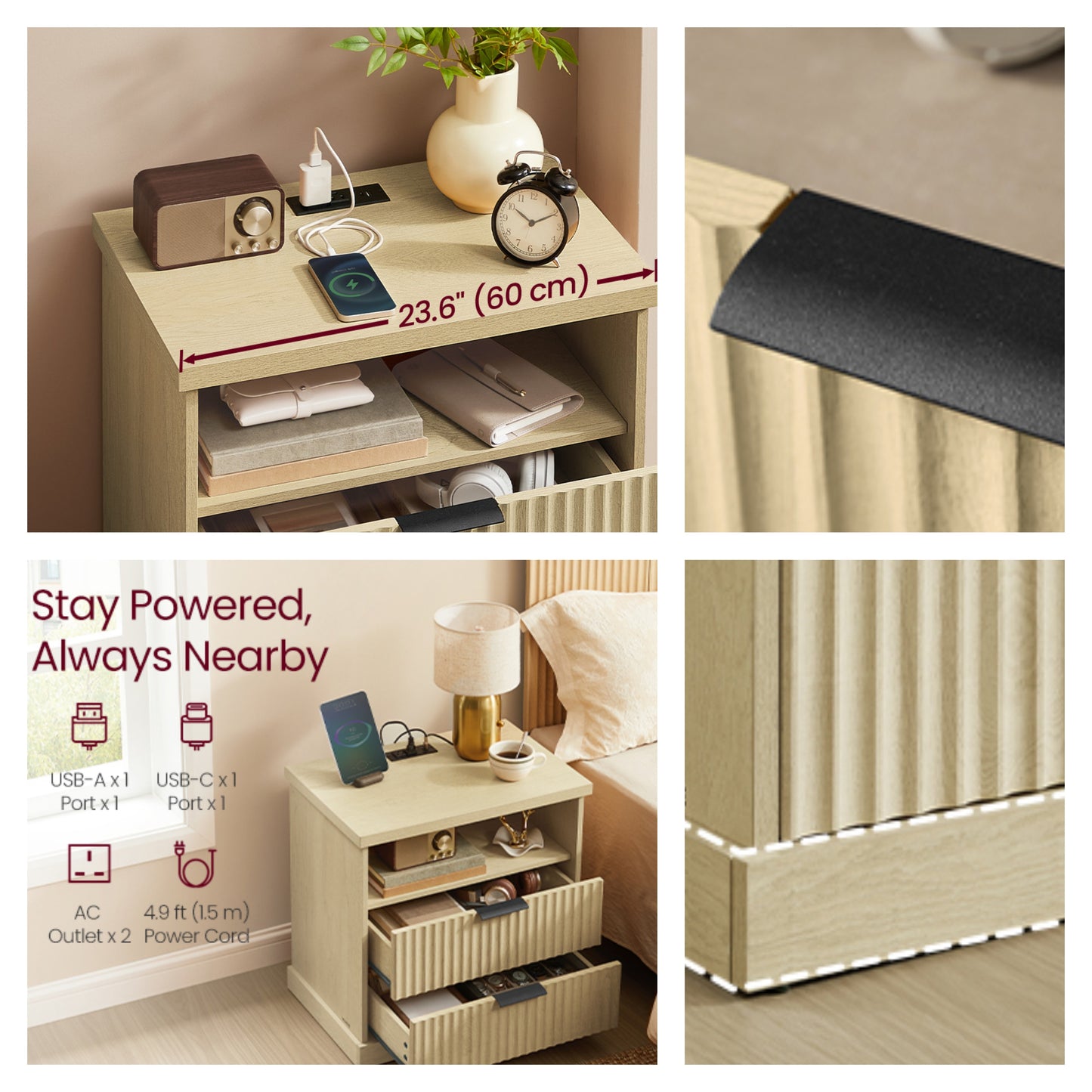 Nightstand with Charging Station & 2 Drawers, Fluted Bedside Table with 2 AC Outlets, USB-A/C Ports, Open Shelf, for Bedroom, Oak Beige