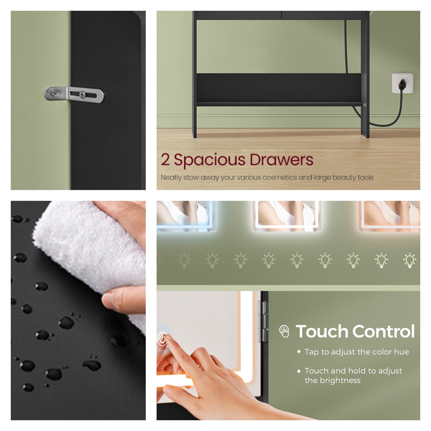 Vanity Desk with Dimmable LED Lights & Power Outlets, Makeup Dressing Table with Stool, 6 Compartments, 2 Drawers, Large Storage Shelf, for Bedroom, Ink Black