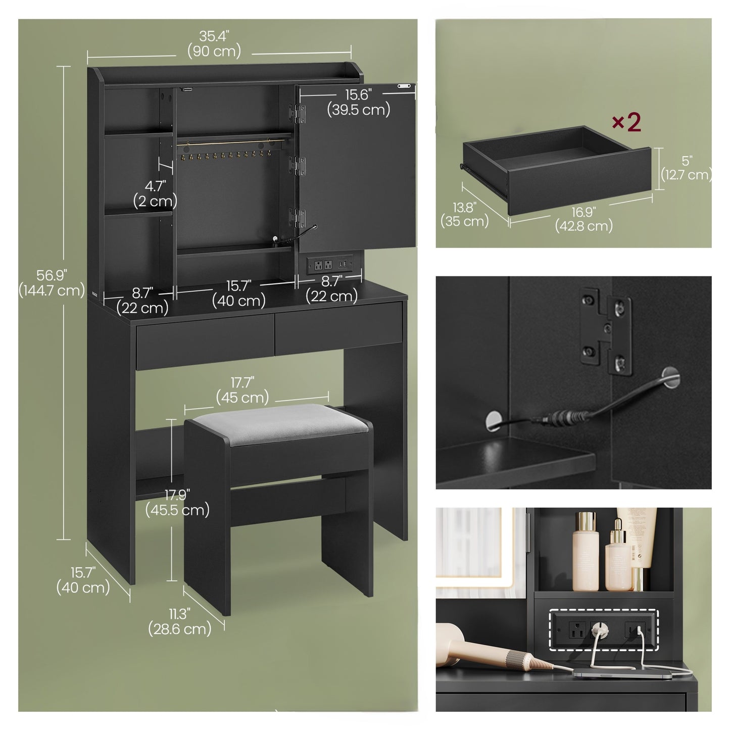 Vanity Desk with Dimmable LED Lights & Power Outlets, Makeup Dressing Table with Stool, 6 Compartments, 2 Drawers, Large Storage Shelf, for Bedroom, Ink Black