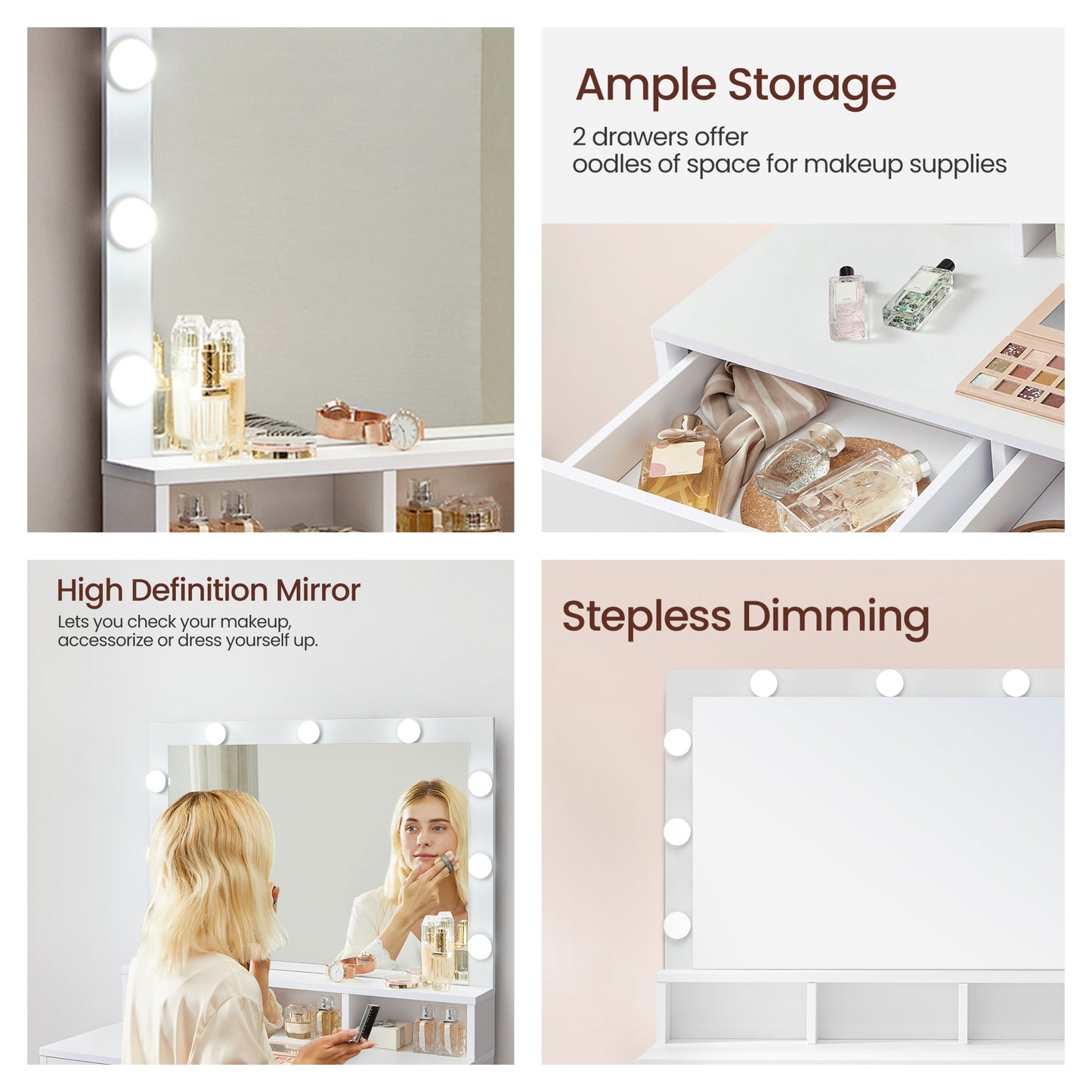 Vanity Desk with Large Mirror & 9 LED Lights, Makeup Dressing Table with Adjustable Brightness, 2 Drawers, 3 Compartments, Anti-Tip Kit, for Bedroom,Cloud White